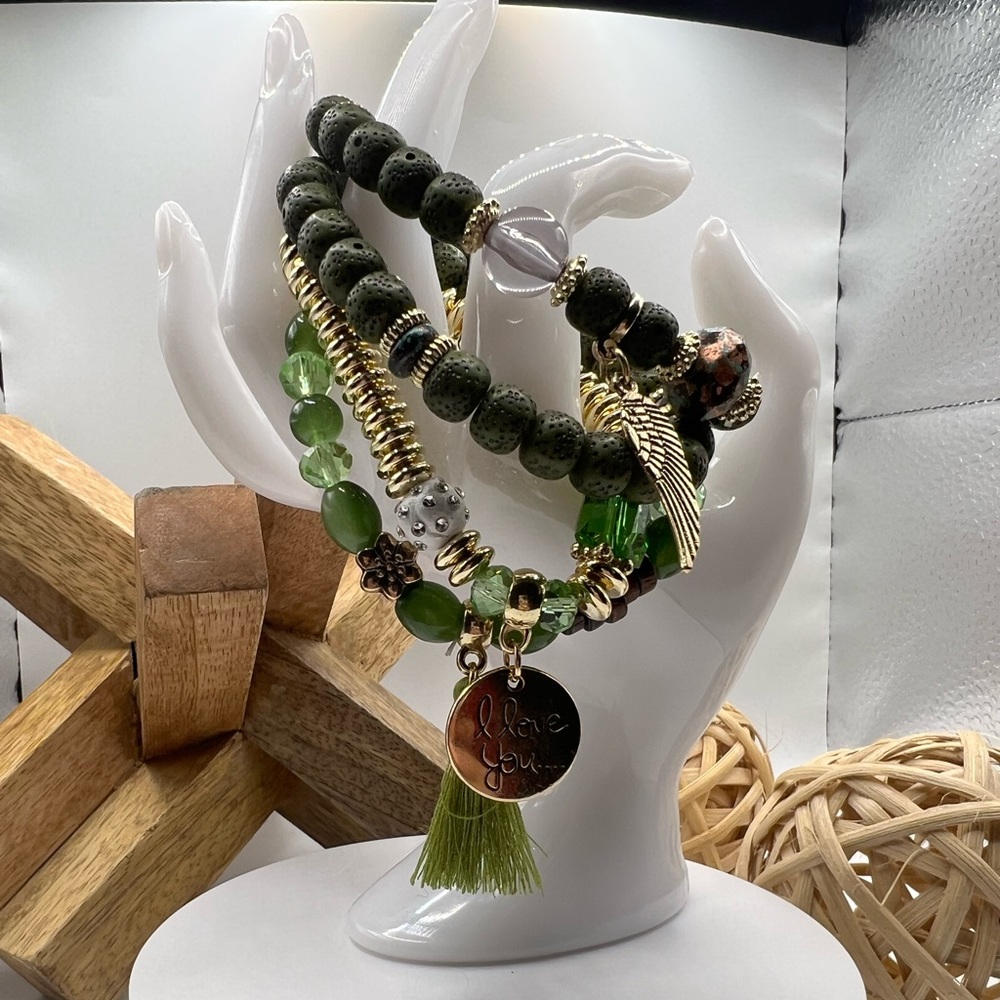 4 PC Green & Gold Tone Bracelets W/Wing/Tassel‎ & Medallion NEW